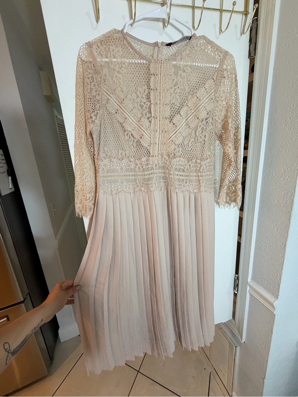 Zara Blush Lace Pleated Long Sleeve Midi Dress